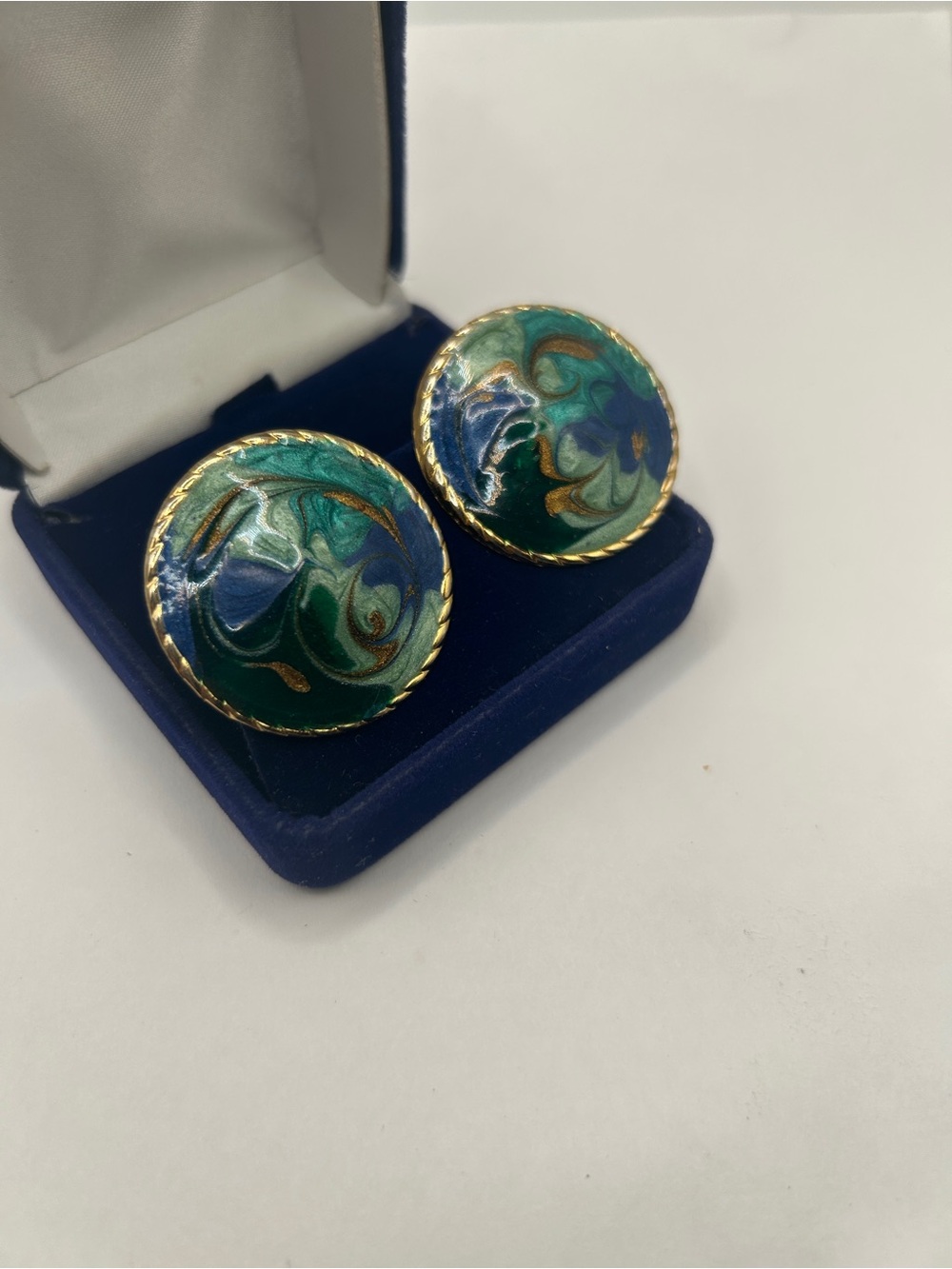 Gold-Trim Green & Blue Enamel Dome Round Earrings - Women Jewelry